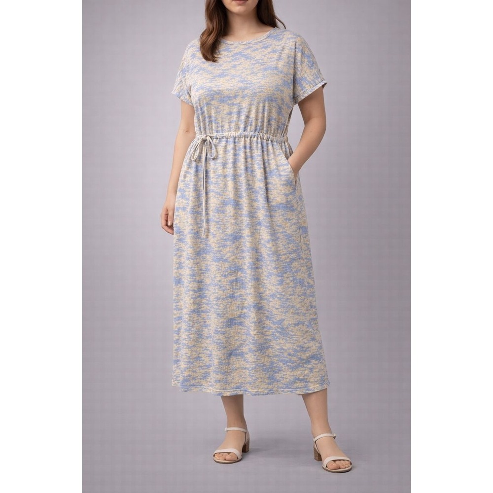 COS Abstract Print Midi‎ Dress Blue Yellow Elastic Waist Side Pockets Women's M
